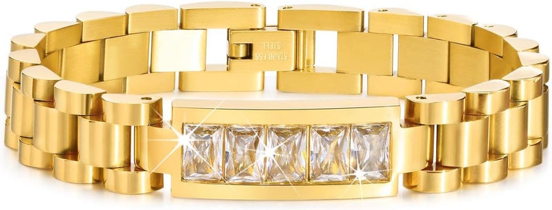 MPRAINBOW 2pcs 18K Gold Plated Chain Link Bracelet, Stainless Steel Crystal Friendship Bracelets Bangle,Watch Band Chains Wristband Jewelry with Adjust Tool - Image 1